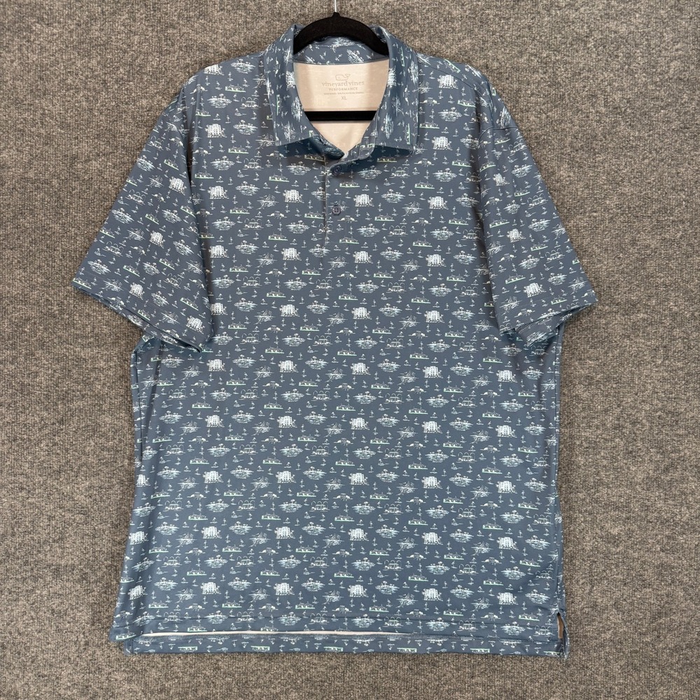 Vineyard Vines Performance Polo Shirt Mens XL Blue Coastal Resort Print Stretch